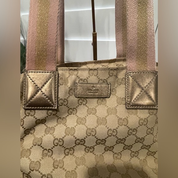Gucci Beige & Gold Monogram Tote with Pink Striped Web Handles - Picture 7 of 8